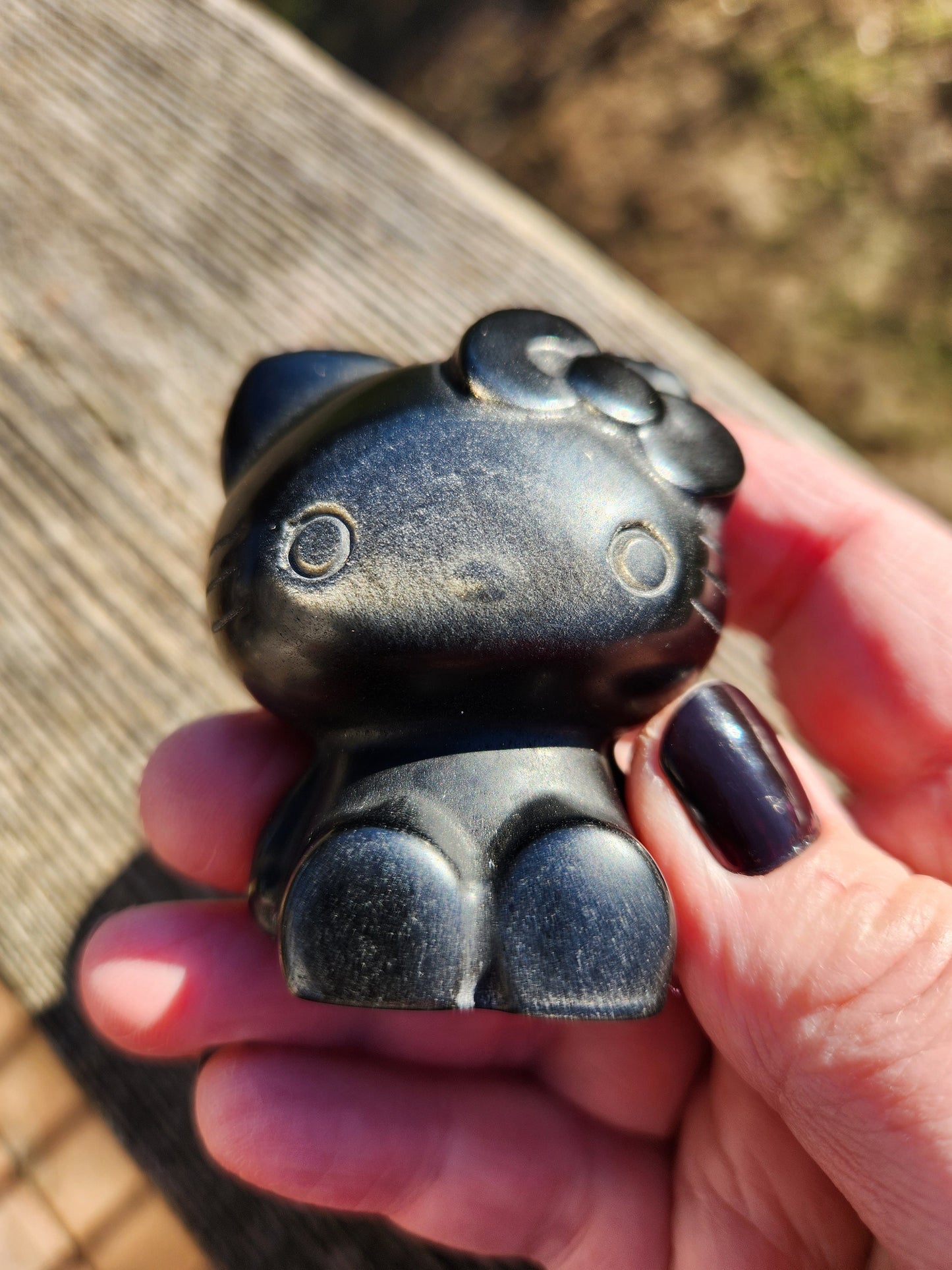 Hand Carved Golden Black Obsidian Hello Kitty Crystal Figurine