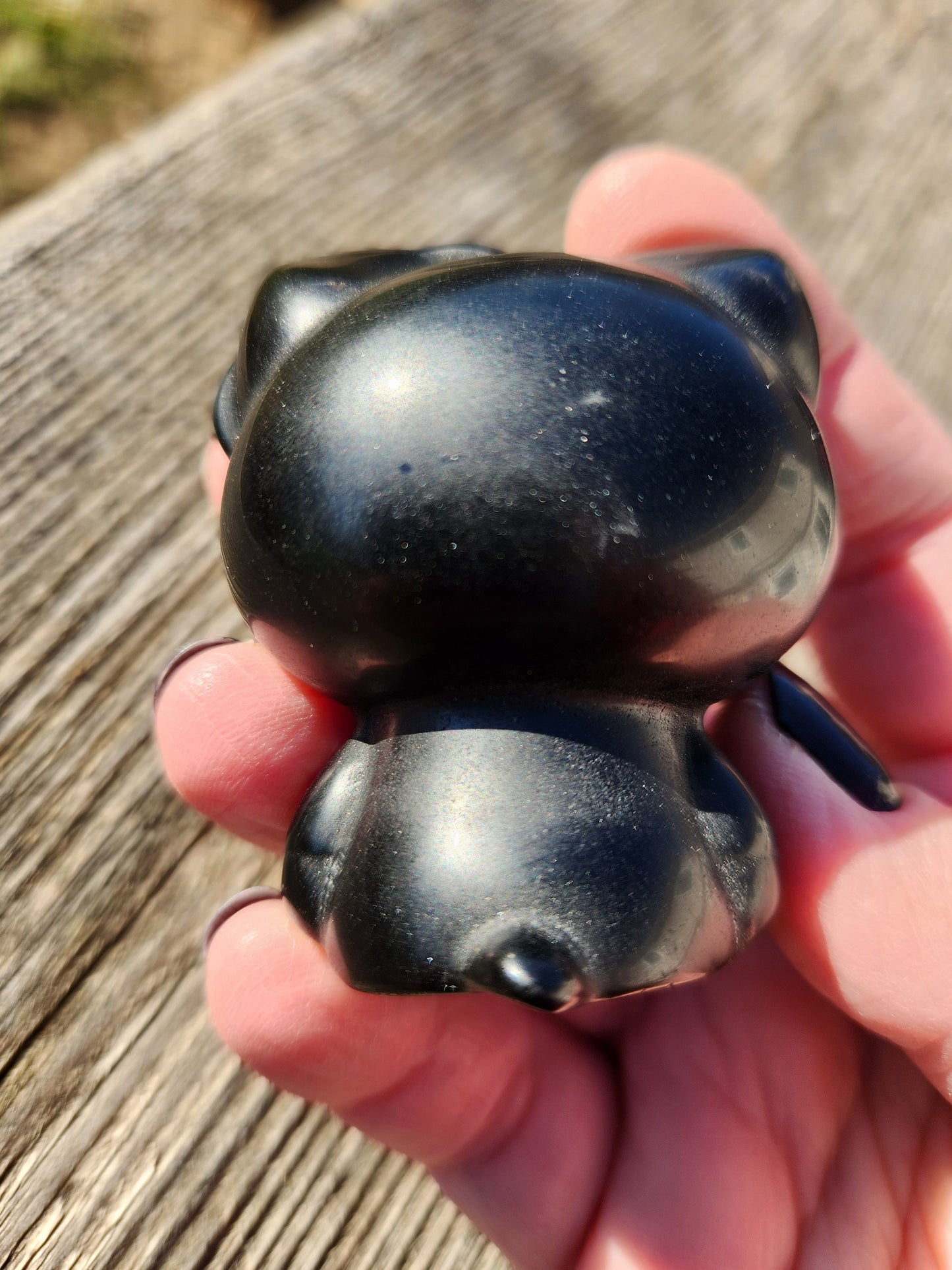 Super Cute Golden Black Obsidian Hello Kitty Natural Stone Crystal with flash!