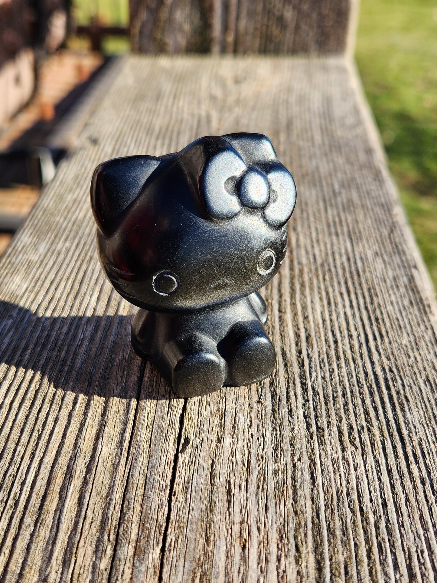 Super Cute Golden Black Obsidian Hello Kitty Natural Stone Crystal with flash!