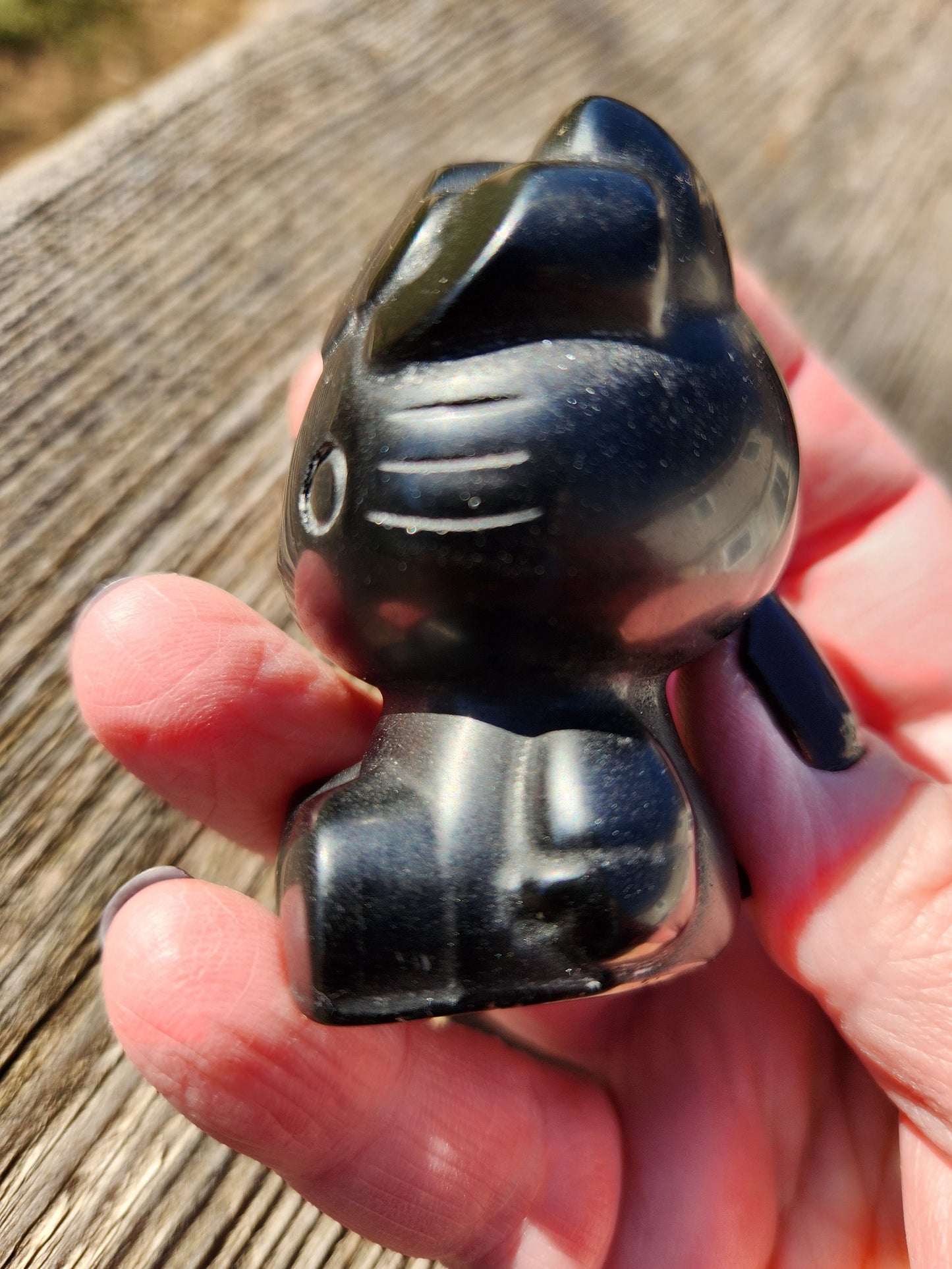 Super Cute Golden Black Obsidian Hello Kitty Natural Stone Crystal with flash!