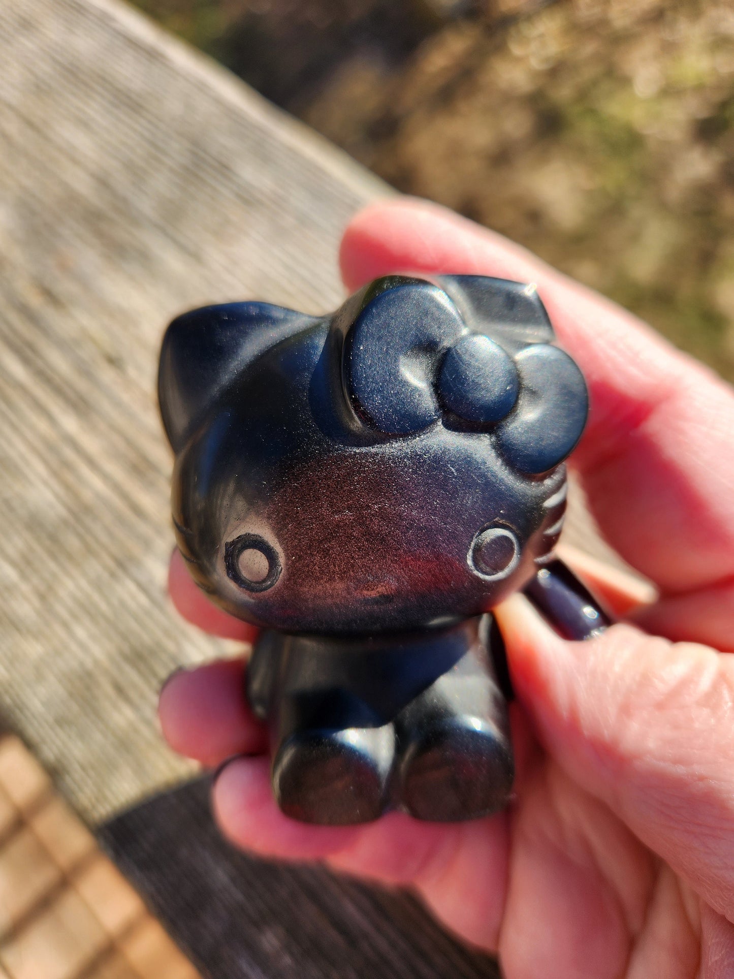 Hand Carved Golden Black Obsidian Hello Kitty Crystal Figurine