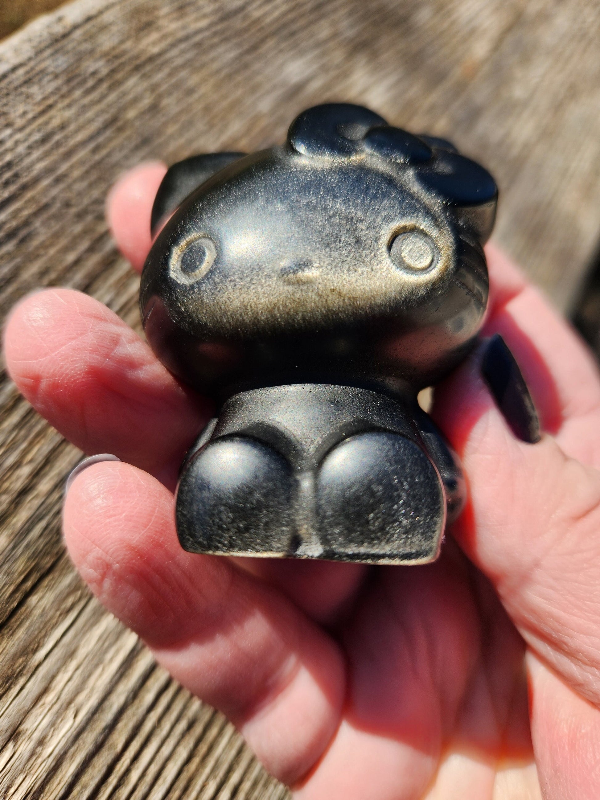 Hand Carved Golden Black Obsidian Hello Kitty Crystal Figurine