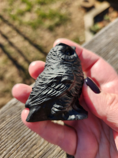 Hand Carved Black Obsidian Crystal Owl: Natural Stone Figurine