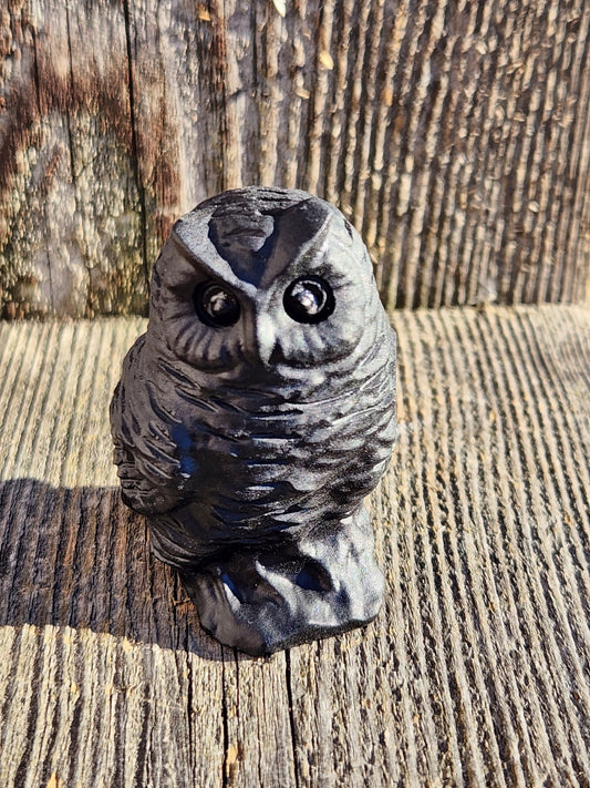 Hand Carved Black Obsidian Crystal Owl: Natural Stone Figurine