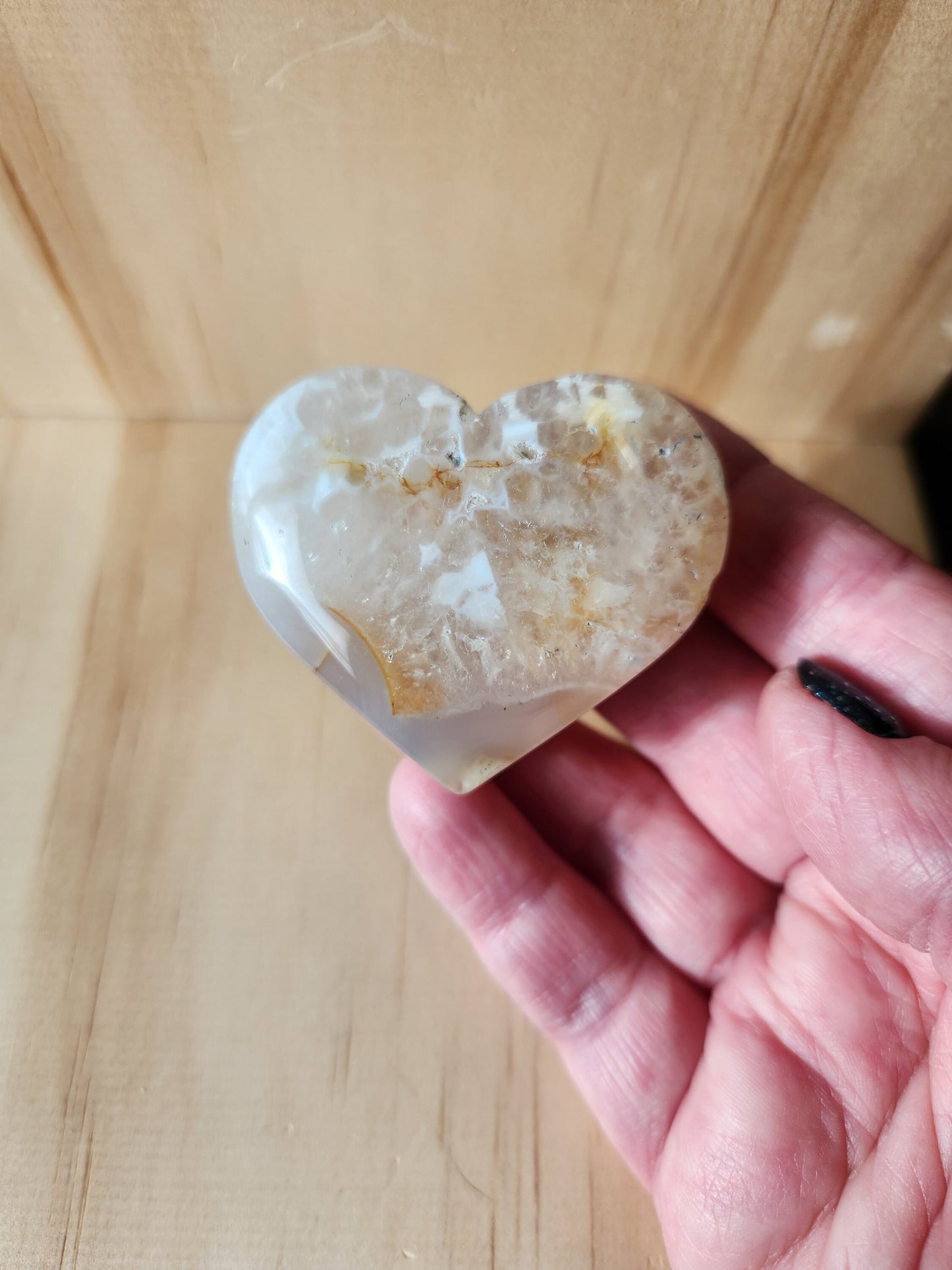 Beautiful Flower Agate Crystal Heart self standing with flower plumes