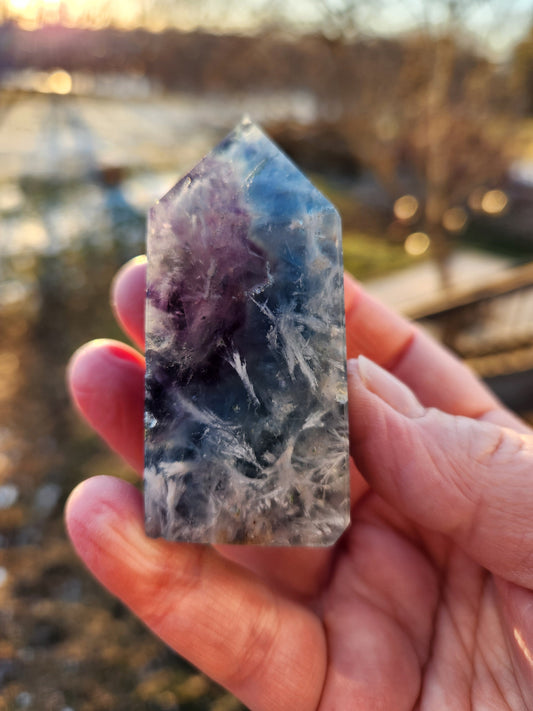 Snowflake Fluorite Crystal Mini Tower: Teal & Purple