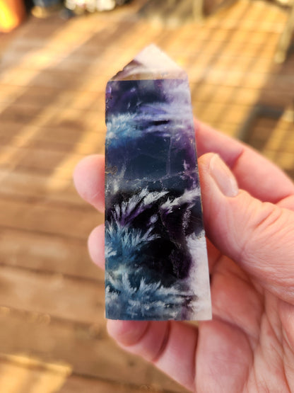 Snowflake Fluorite Crystal Mini Tower: Teal & Purple, with Rainbows