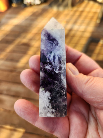 Snowflake Fluorite Crystal Mini Tower: Teal & Purple, with Rainbows
