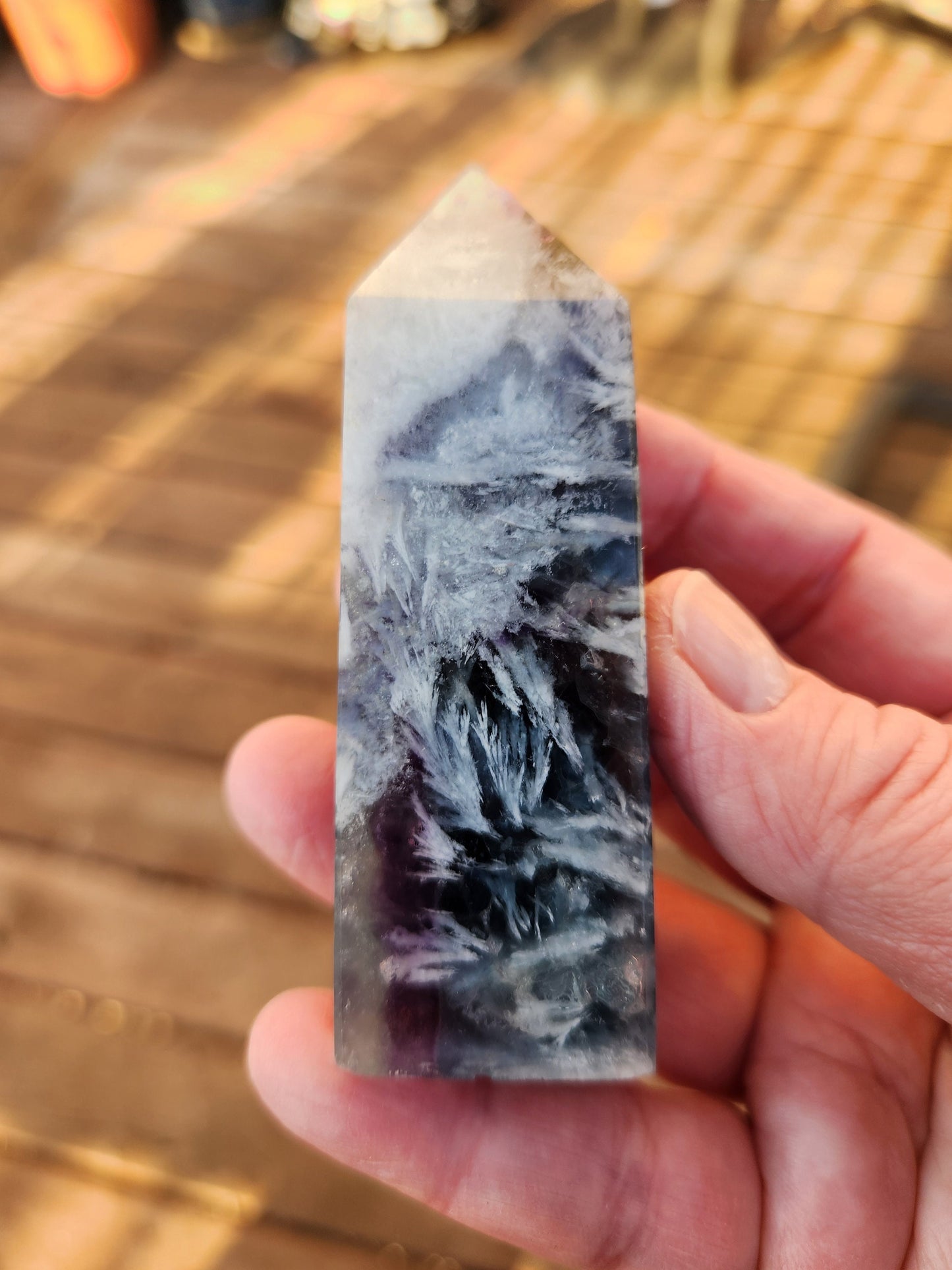 Snowflake Fluorite Crystal Mini Tower: Teal & Purple, with Rainbows