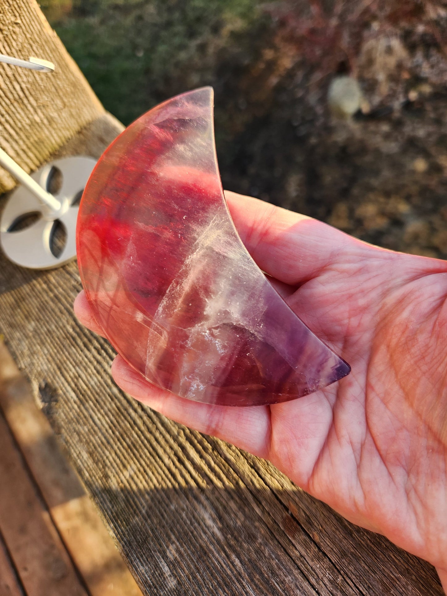 Beautiful Colorful Candy Rainbow Fluorite Half Moon Crystal Stone On Silver Metal Stand