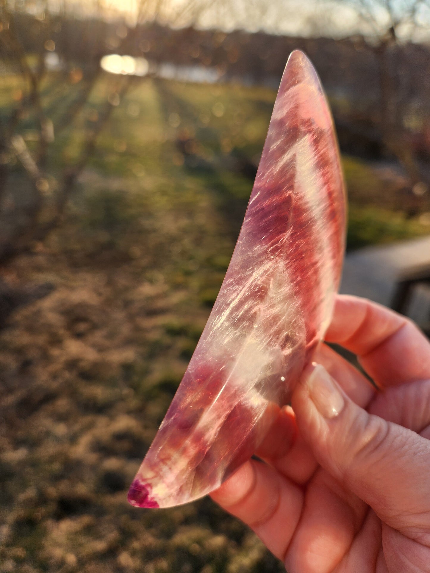 Beautiful Colorful Candy Rainbow Fluorite Half Moon Crystal Stone On Silver Metal Stand