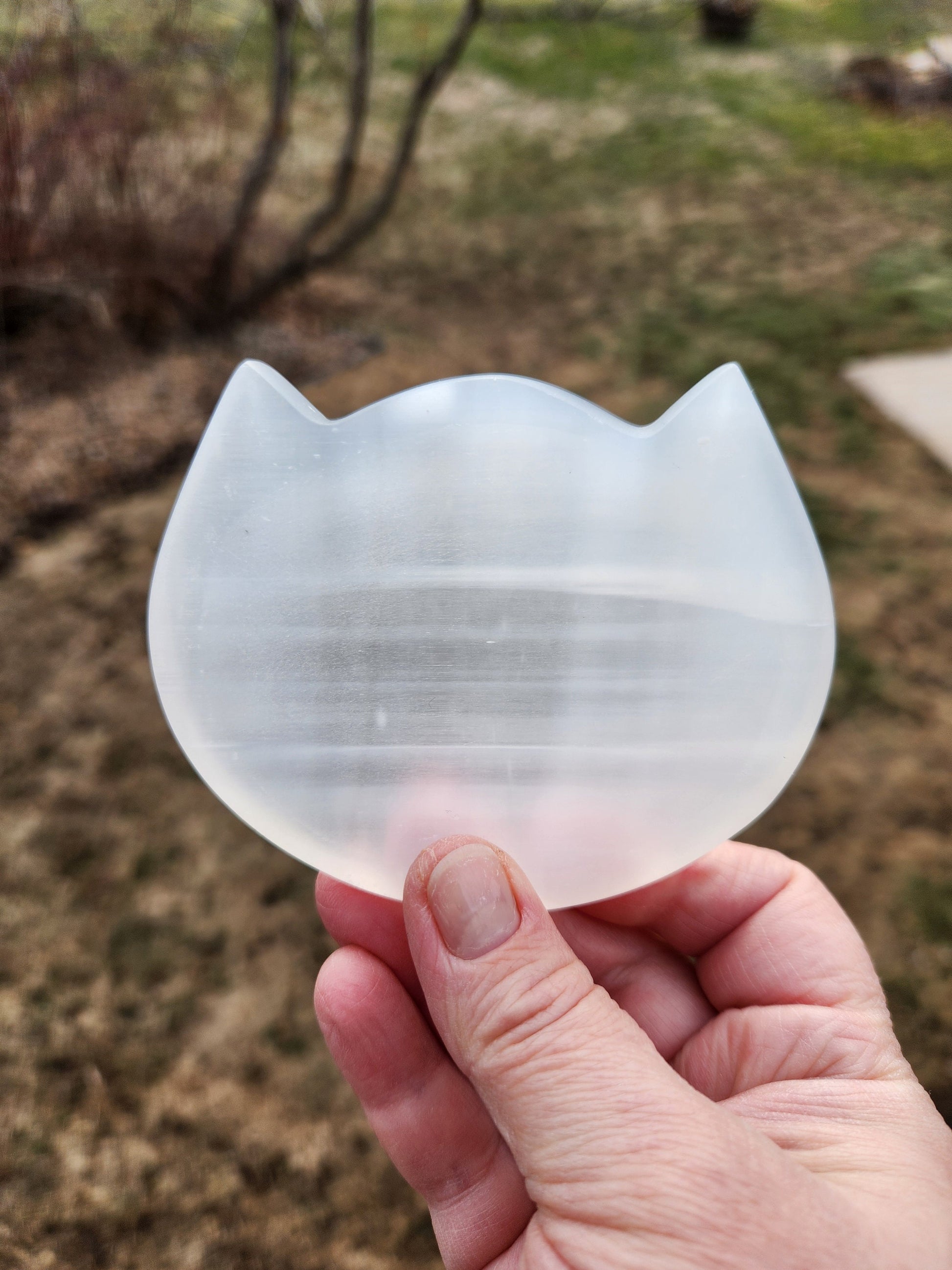 Beautiful Selenite Crystal Cat Shallow Bowl Tray Charging