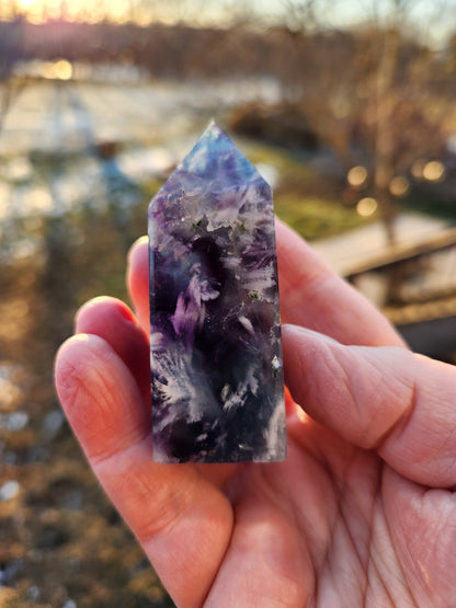 Snowflake Fluorite Crystal Mini Tower: Teal & Purple