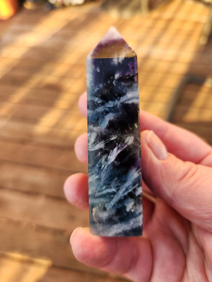 Snowflake Fluorite Crystal Mini Tower: Teal & Purple, with Rainbows
