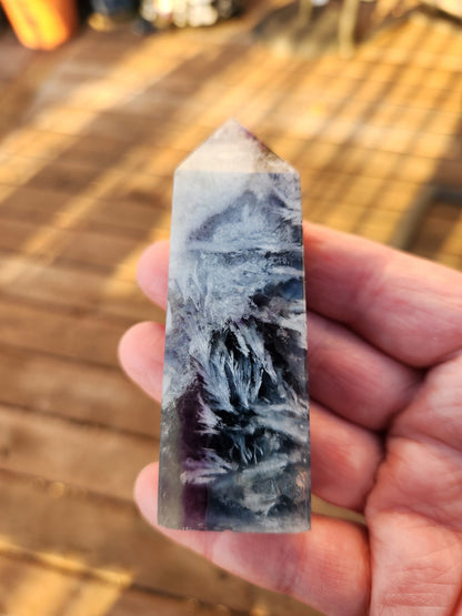 Snowflake Fluorite Crystal Mini Tower: Teal & Purple, with Rainbows