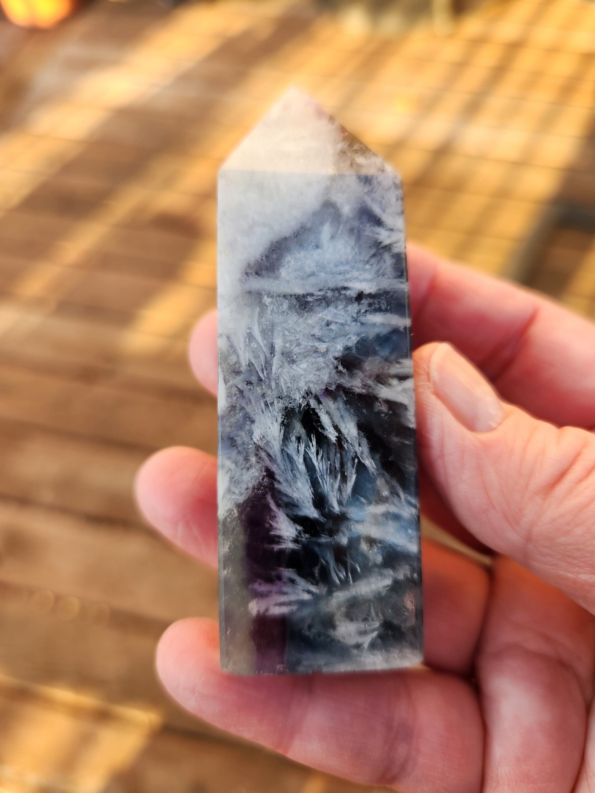 Snowflake Fluorite Crystal Mini Tower: Teal & Purple, with Rainbows