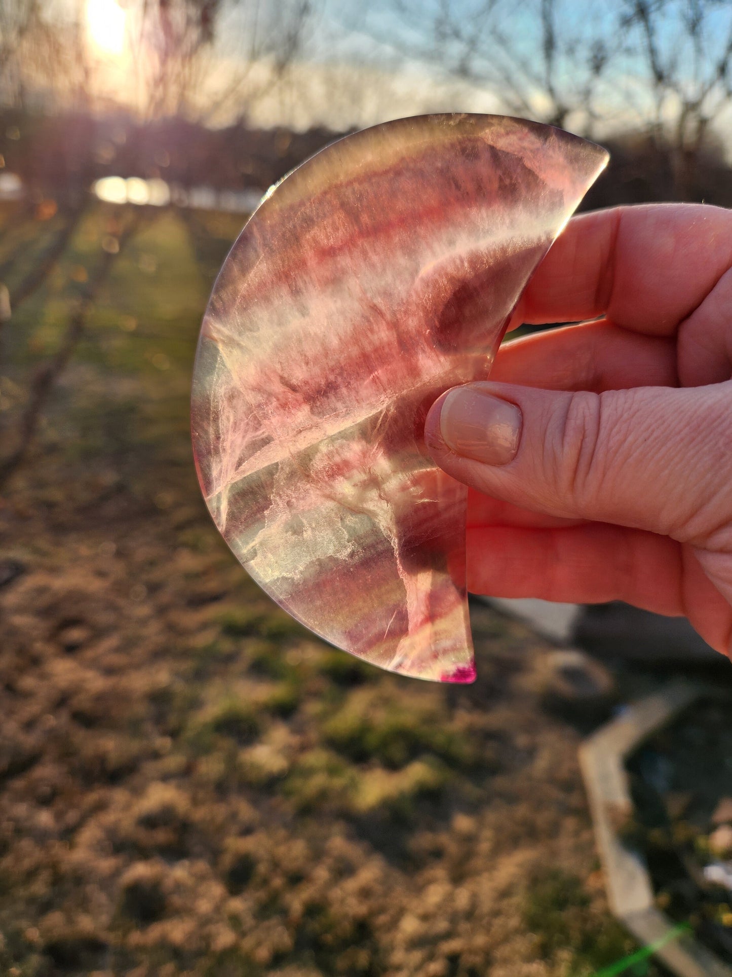 Rainbow Fluorite Half Moon Crystal on Silver Stand