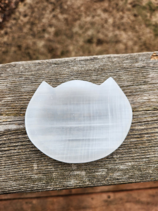 Beautiful Selenite Crystal Cat Shallow Bowl Tray Charging