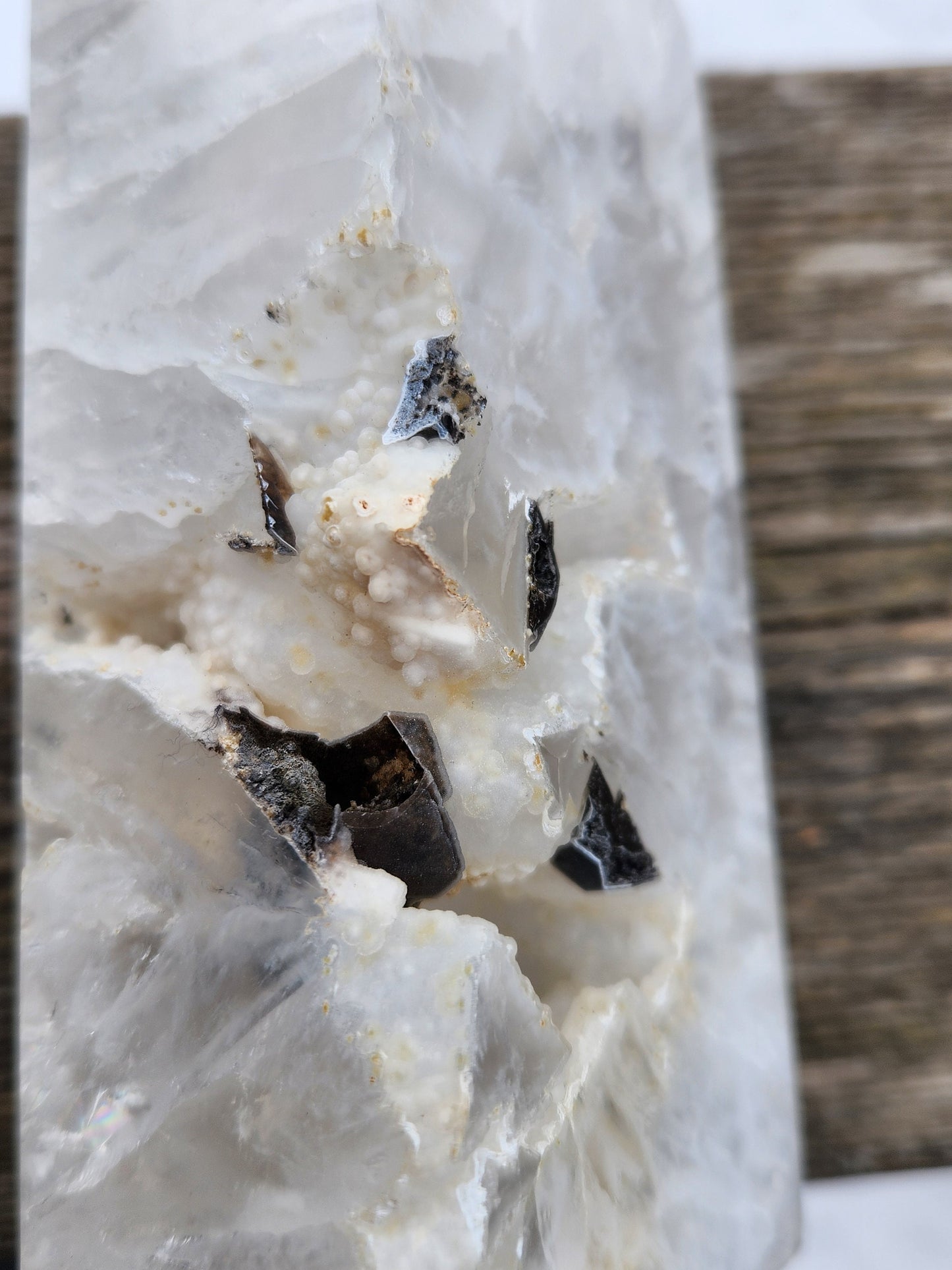 Gorgeous Unique White Druzy Agate Crystal Rock Tower with multiple caves & Black Inclusions