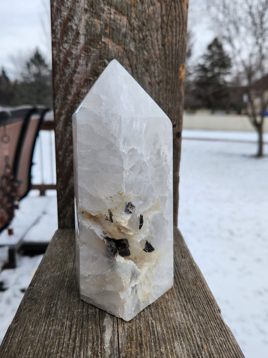 Gorgeous Unique White Druzy Agate Crystal Rock Tower with multiple caves & Black Inclusions