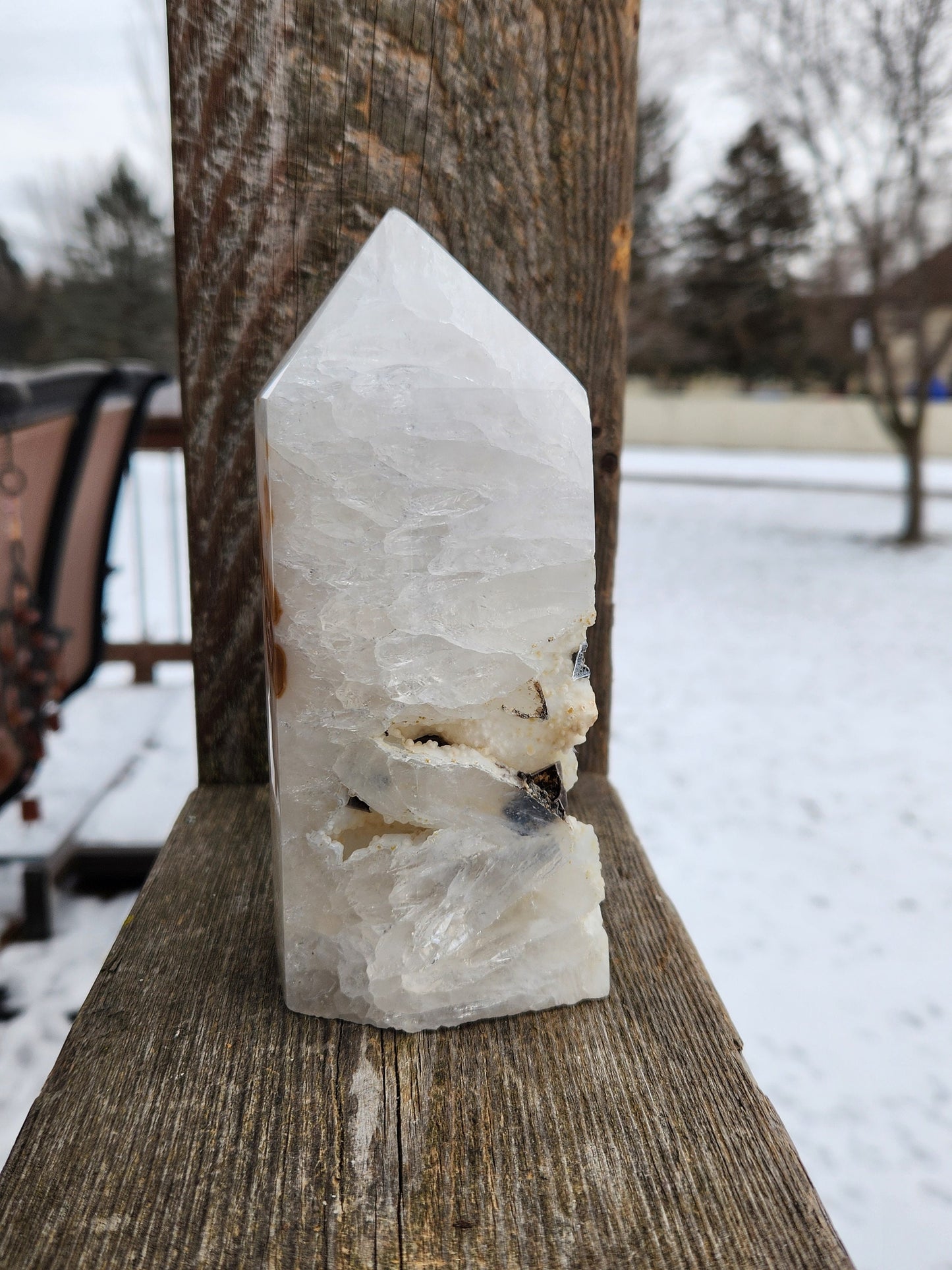 Gorgeous Unique White Druzy Agate Crystal Rock Tower with multiple caves & Black Inclusions