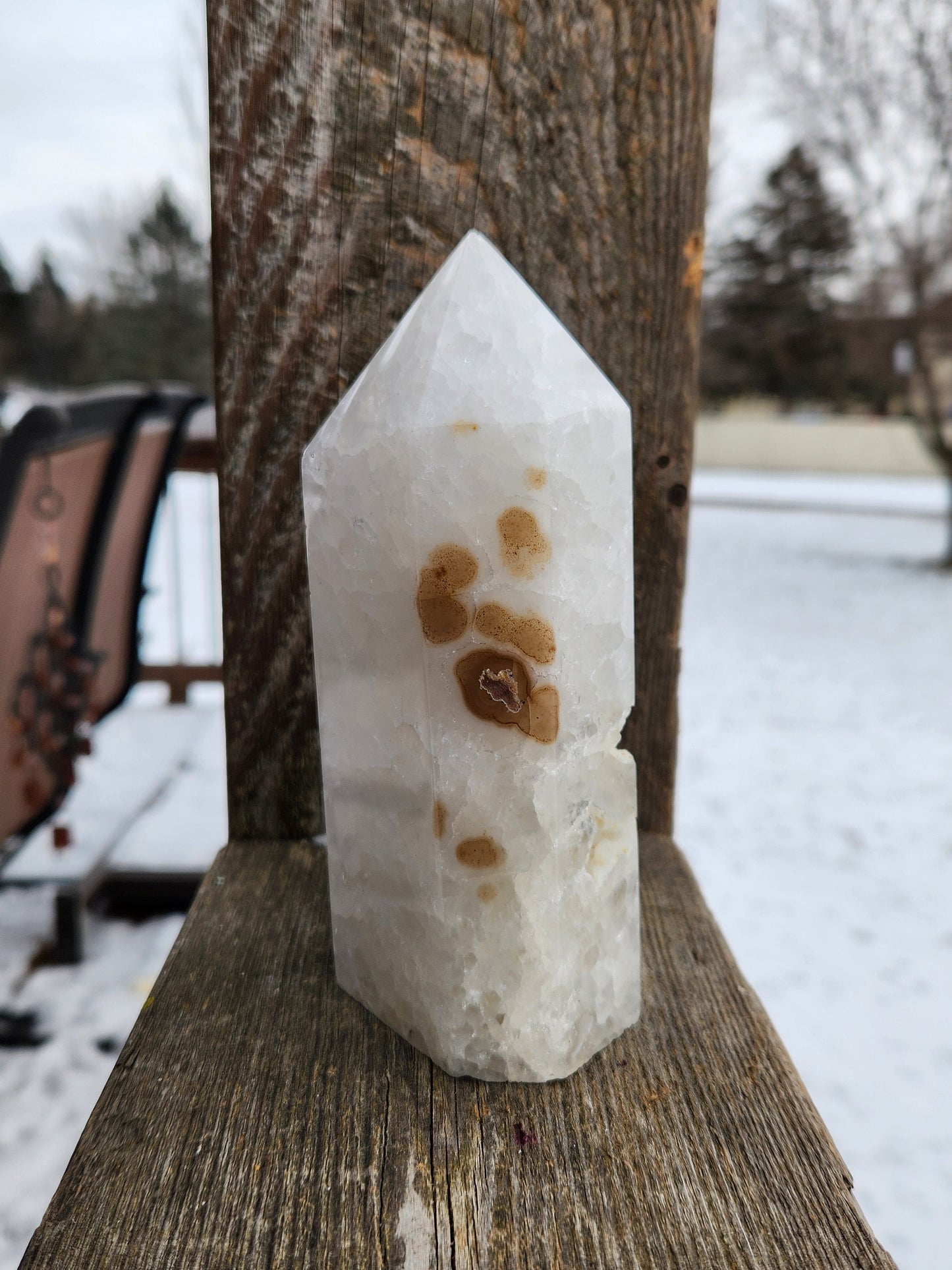 Gorgeous Unique White Druzy Agate Crystal Rock Tower with multiple caves & Black Inclusions