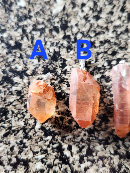 Raw Tangerine Quartz Crystal Point Pendant: Silver Bale