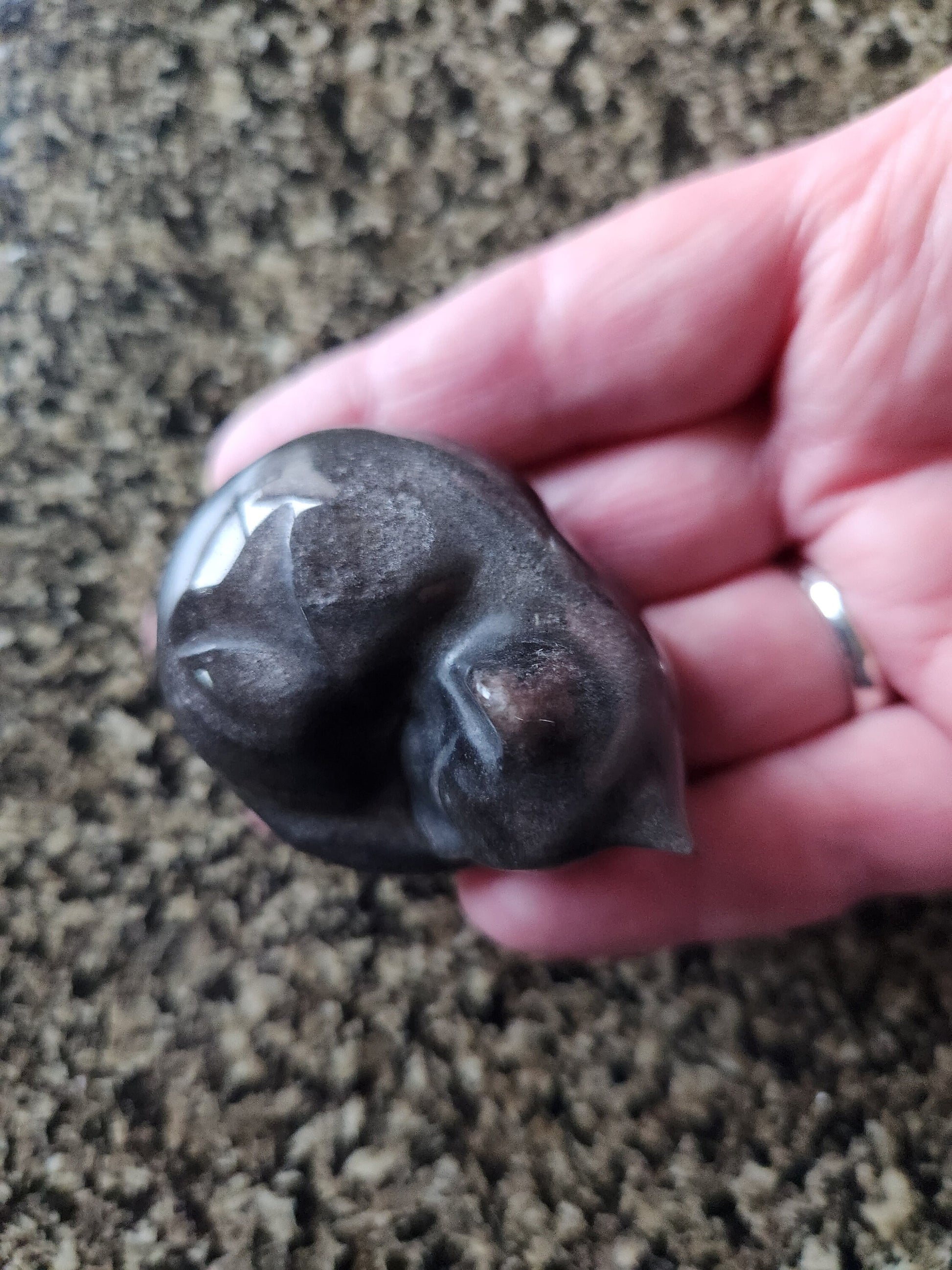 Super Cute Silver Sheen Obsidian Sleeping Cat Natural Stone Crystal with flash
