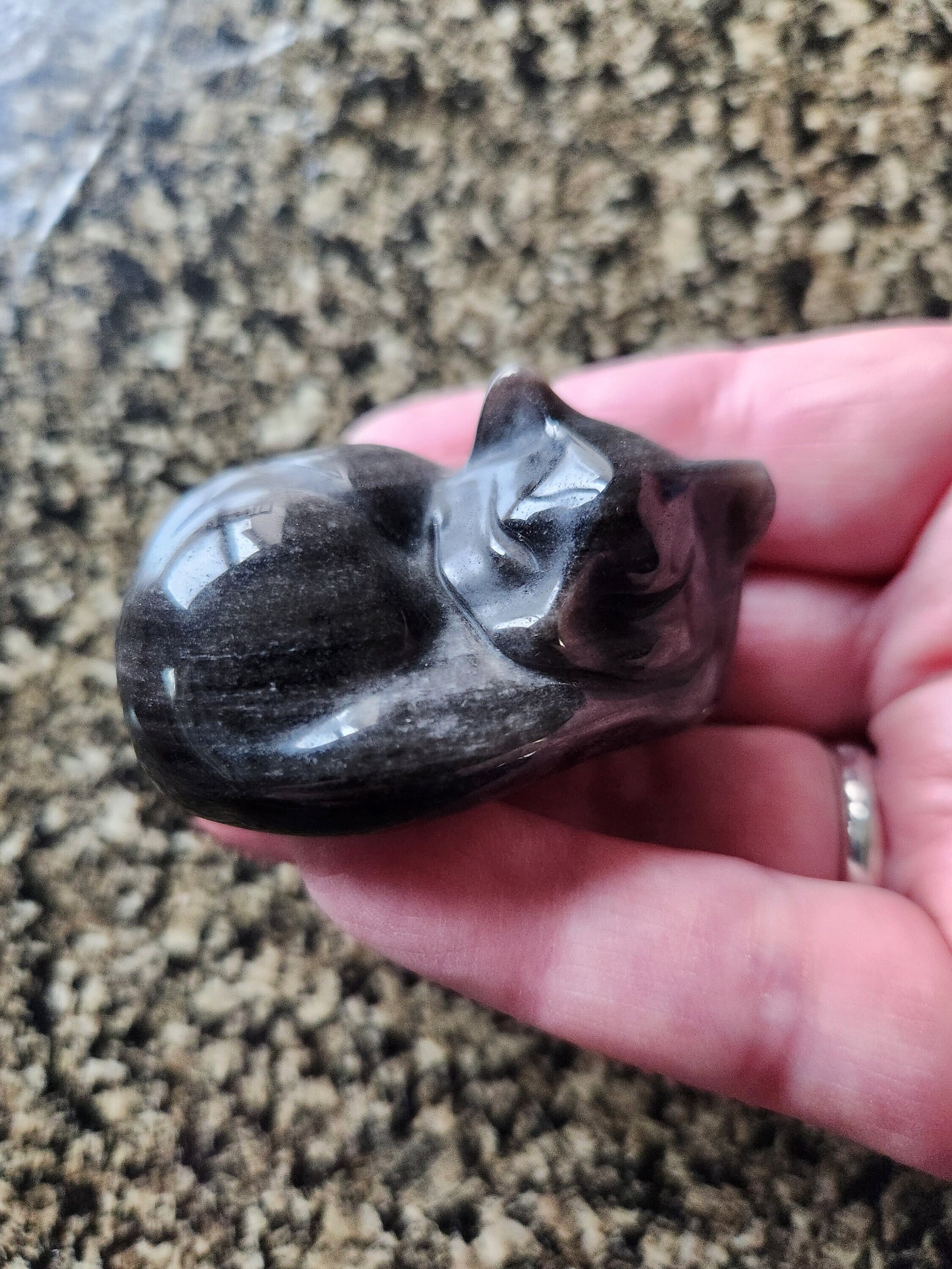 Super Cute Silver Sheen Obsidian Sleeping Cat Natural Stone Crystal with flash