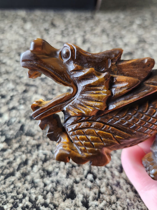 Tiger's Eye Crystal Dragon Carving: Hand Carved, Year of the Dragon, DND