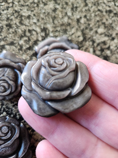 Silver Sheen Obsidian Carved Rose: Natural Stone Crystal