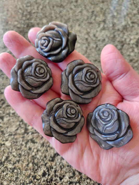 Silver Sheen Obsidian Carved Rose: Natural Stone Crystal