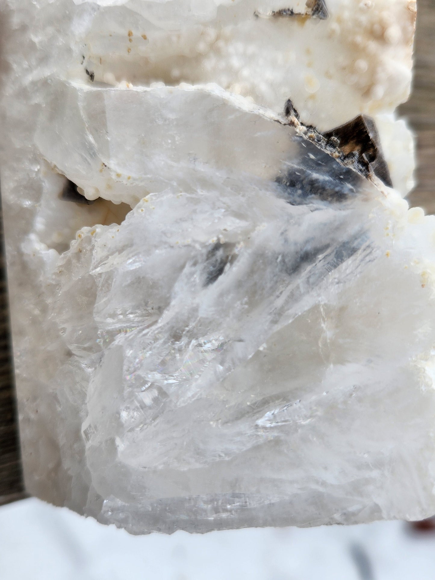 Gorgeous Unique White Druzy Agate Crystal Rock Tower with multiple caves & Black Inclusions