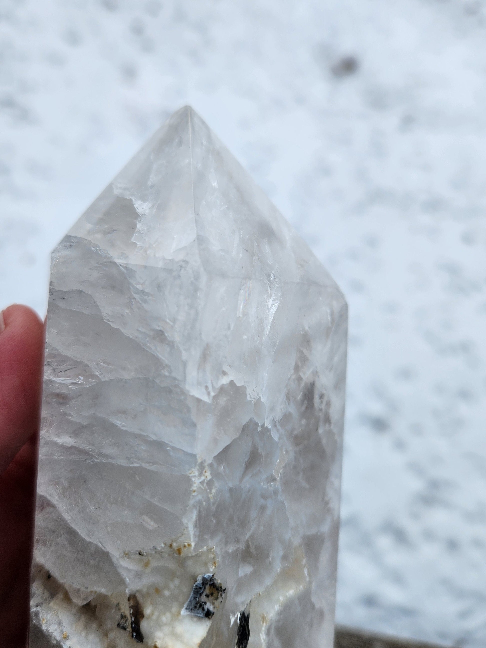 Gorgeous Unique White Druzy Agate Crystal Rock Tower with multiple caves & Black Inclusions