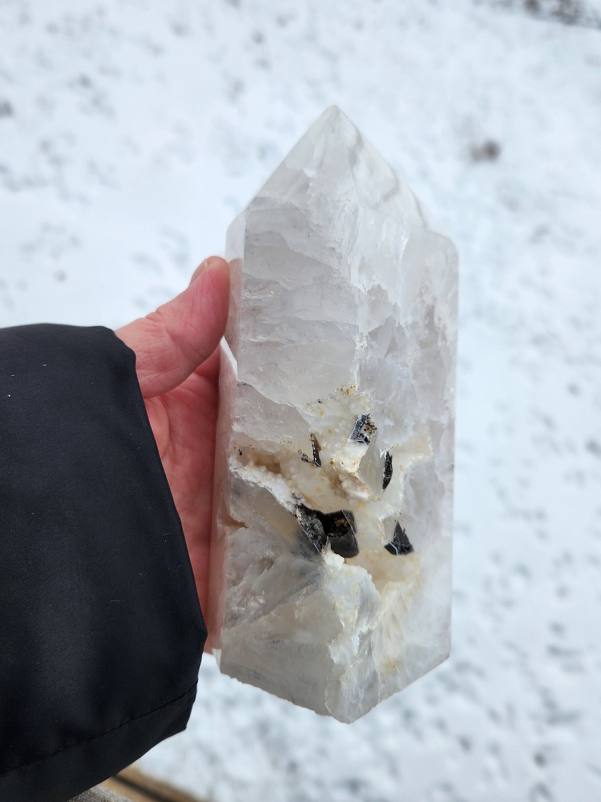 Gorgeous Unique White Druzy Agate Crystal Rock Tower with multiple caves & Black Inclusions