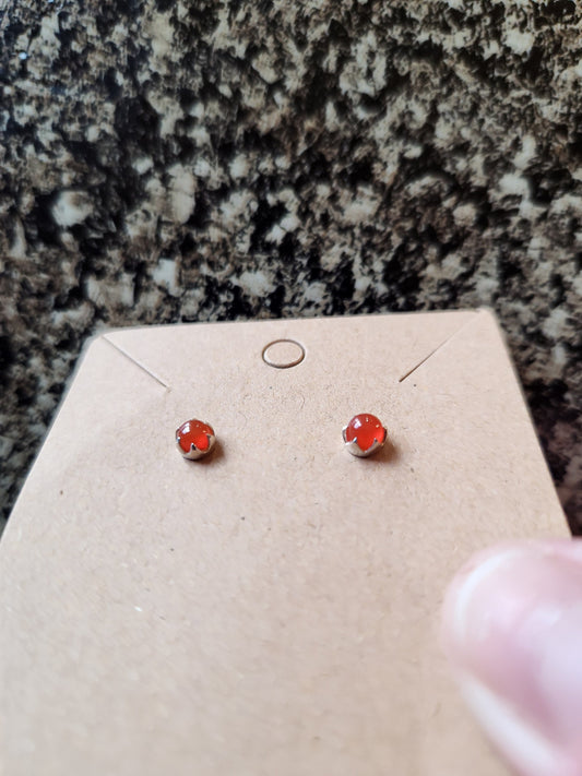 Beautiful All Natural Carnelian Crystal Round Stud Earrings Sterling Silver, Jewelry