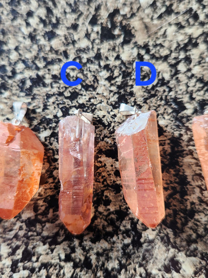 Raw Tangerine Quartz Crystal Point Pendant: Silver Bale