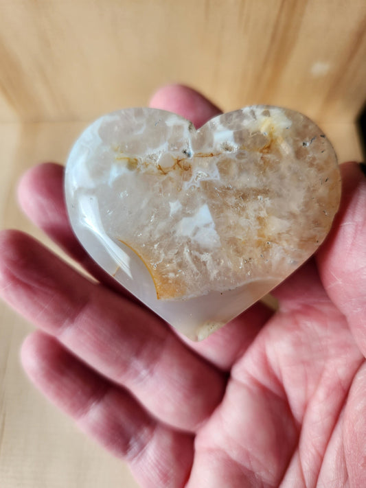 Beautiful Flower Agate Crystal Heart self standing with flower plumes