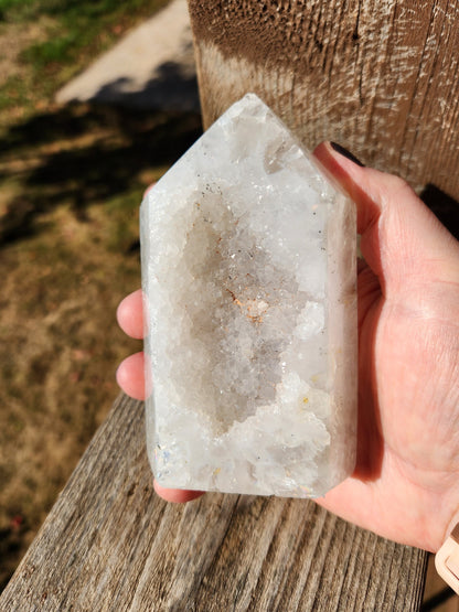 White Druzy Agate Crystal Tower with Rainbows