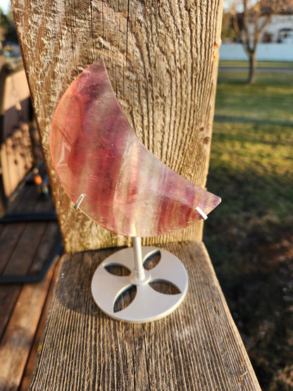 Rainbow Fluorite Half Moon Crystal on Silver Stand