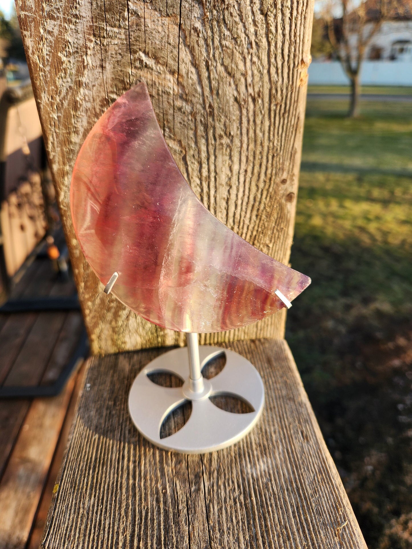 Beautiful Colorful Candy Rainbow Fluorite Half Moon Crystal Stone On Silver Metal Stand