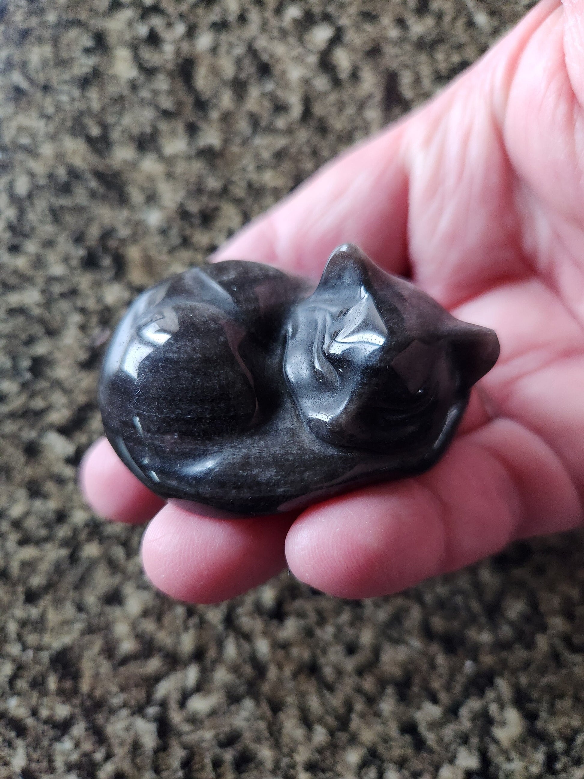 Super Cute Silver Sheen Obsidian Sleeping Cat Natural Stone Crystal with flash
