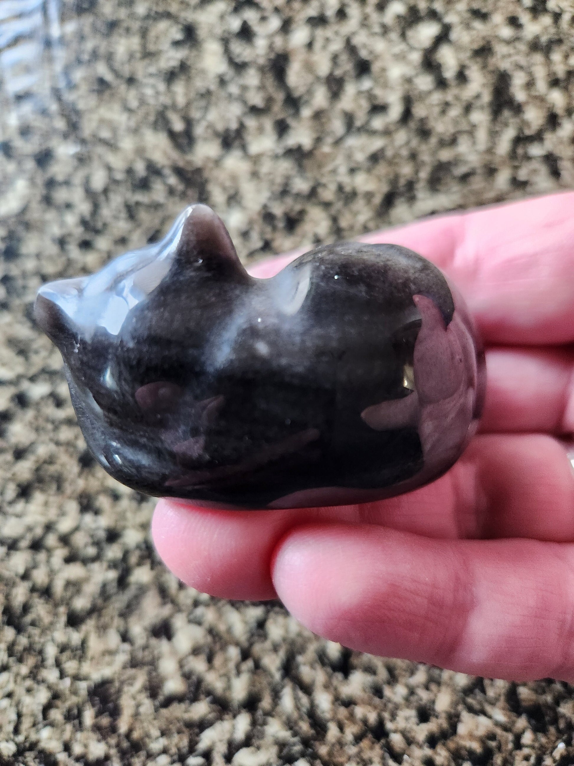 Super Cute Silver Sheen Obsidian Sleeping Cat Natural Stone Crystal with flash