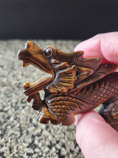 Tiger's Eye Crystal Dragon Carving: Hand Carved, Year of the Dragon, DND