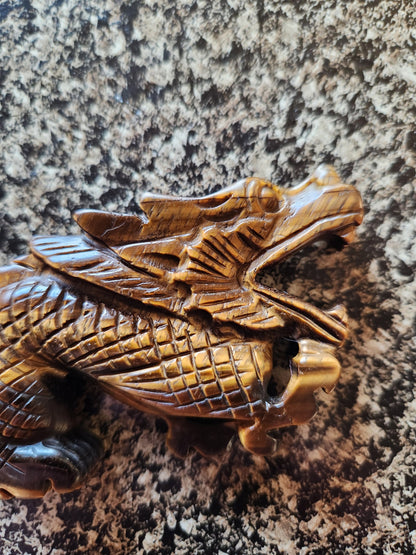 Tigers Eye Crystal Dragon Carving: Hand Carved Year of the Dragon