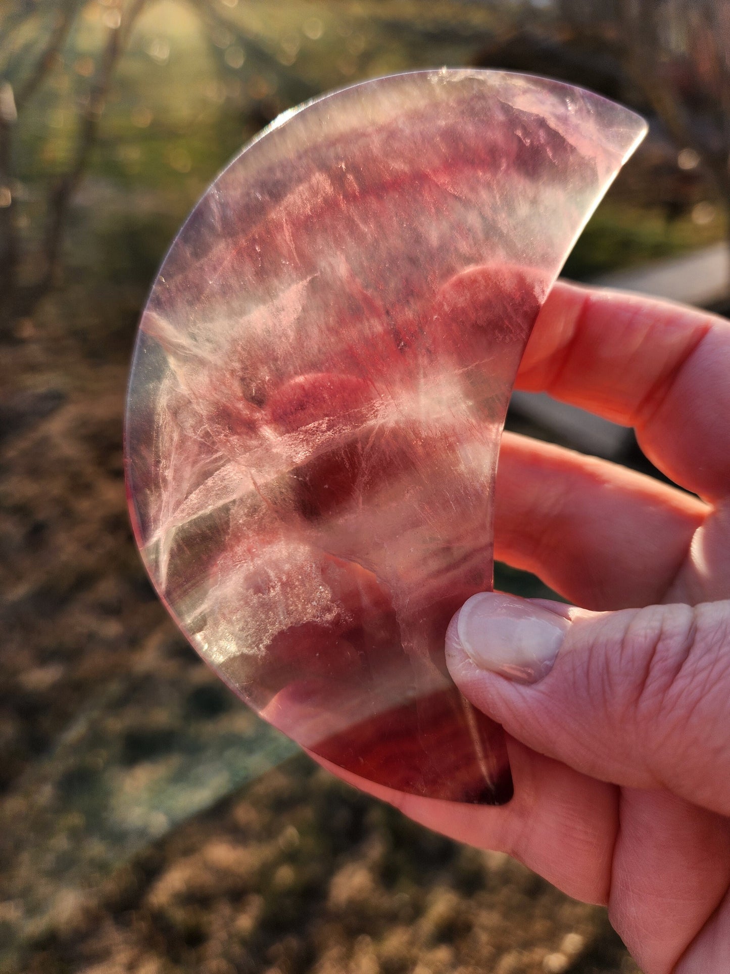 Rainbow Fluorite Half Moon Crystal on Silver Stand