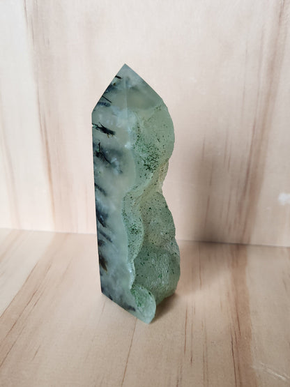 Prehnite with Epidote Crystal Tower: Half Polish Point