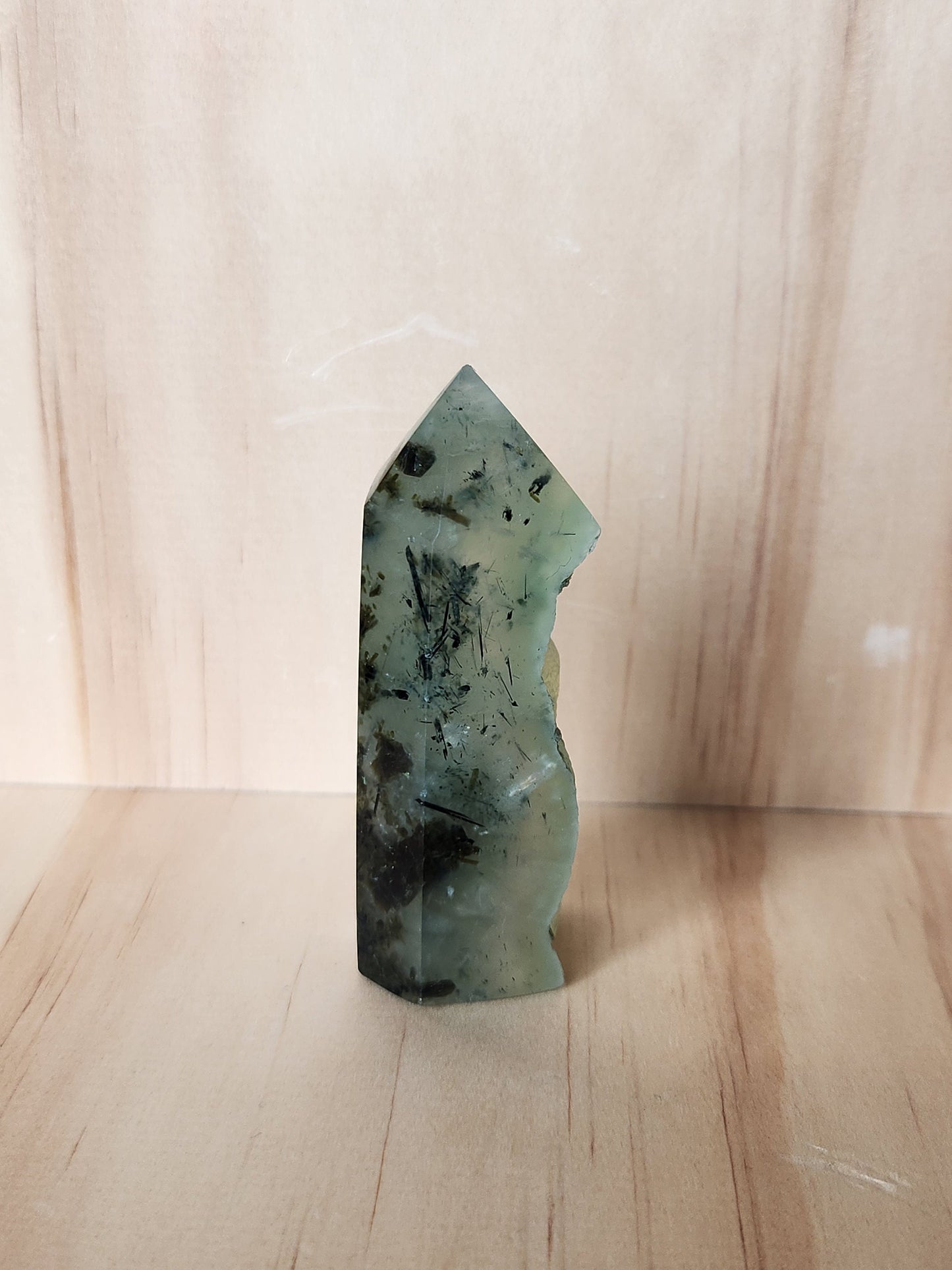 Beautiful High Quality Prehnite with Epidote Crystal, Half Polish Point, Tower