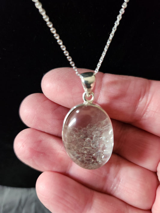 Gorgeous Sterling Silver Herkimer Diamonds Between 2 Clear Quartz Double Cabochons Pendent with 925 SS Necklace, Herkimer Diamond Necklace