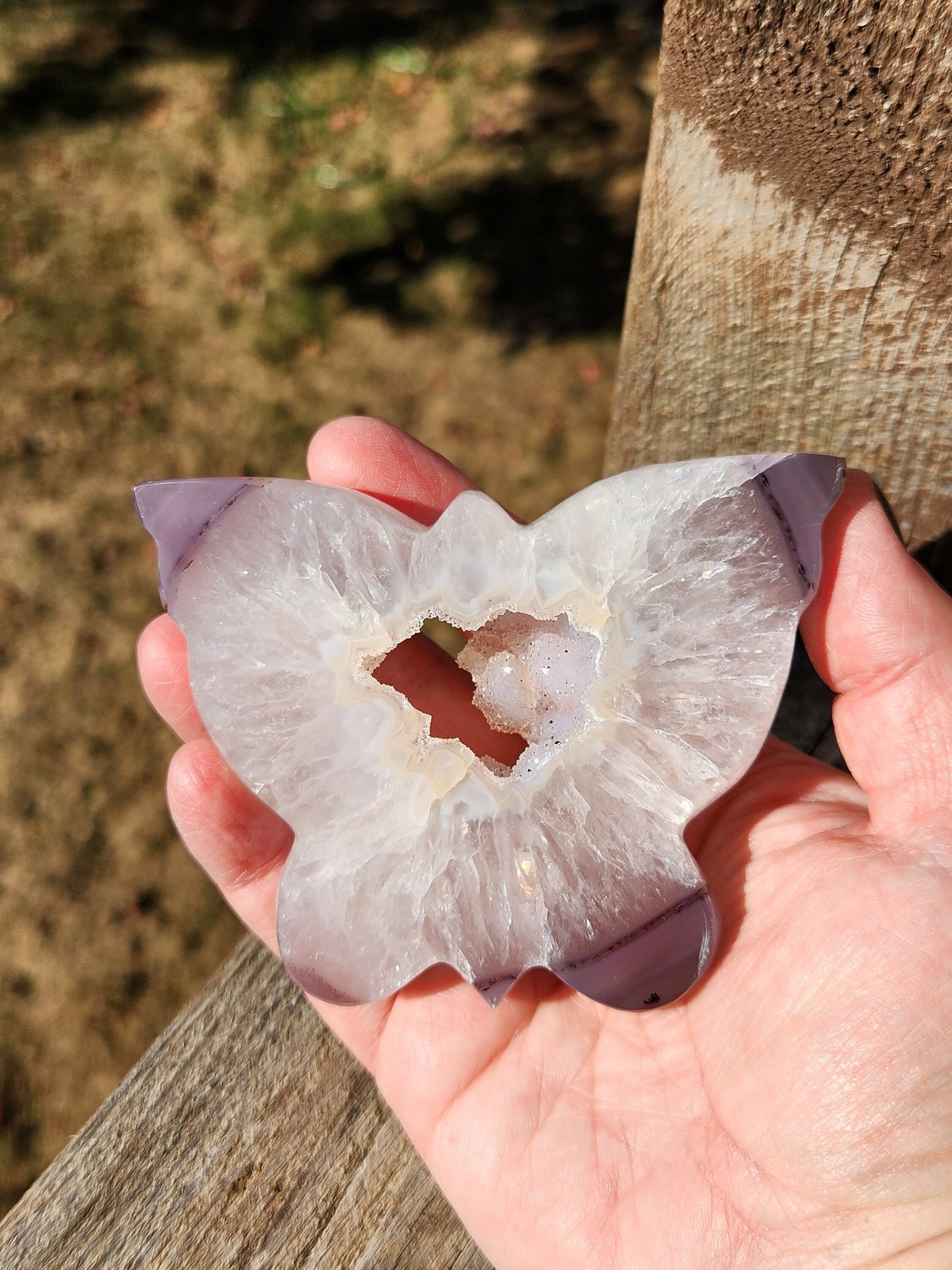 Stunningly Beautiful White and Purple Tipped Druzy Thick Slab Cut Agate Butterfly with black metal stand, Portal, Rainbows!